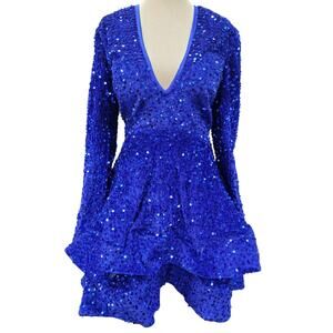 NWT Sapphire Blue Sequin Short Dress Long Sleeves Open Corset Back